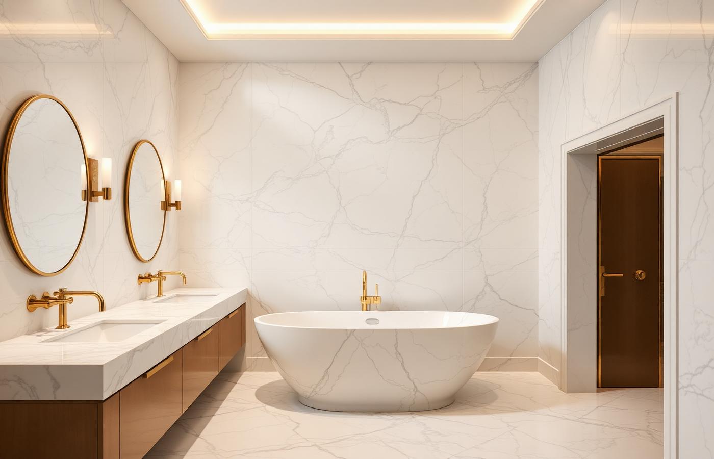 A pristine marble bathroom with brass fixtures